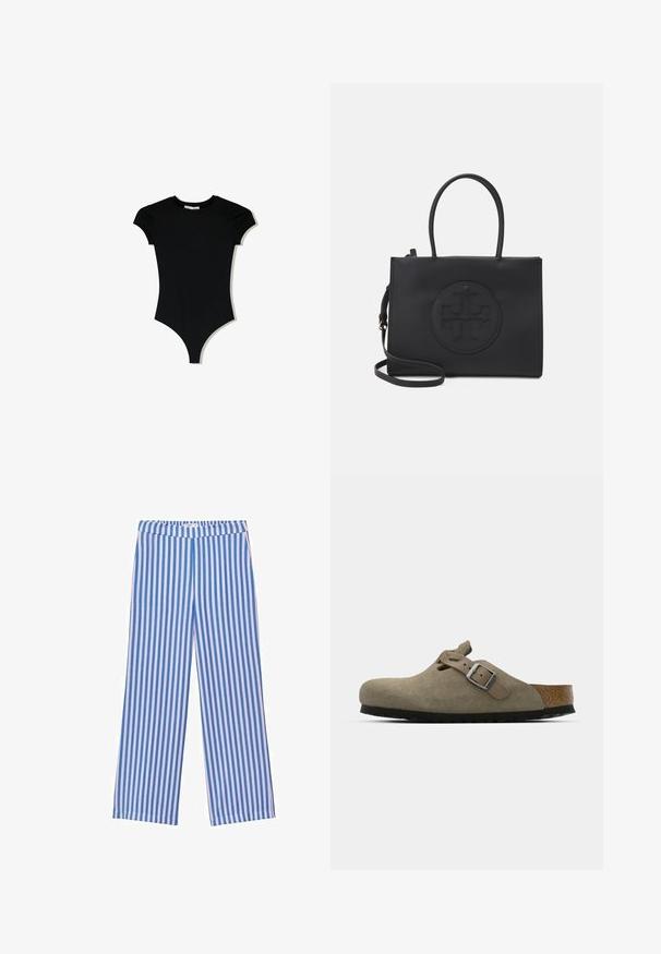 Czarny bodysuit z krótkim rękawem, o okrągłym dekolcie i wysokich wycięciach na nogawkach, wykonany z gładkiego, elastycznego materiału.; Niebieskie i białe szerokie spodnie w paski z elastycznym paskiem w talii, wykonane z miękkiego materiału, z pionowymi paskami o różnej szerokości.; Zamszowe klapki w jasnym oliwkowym kolorze z formowaną korkową i gumową podeszwą. Posiadają boczny pasek z metalowym sprzączką oraz zaokrąglony czubek.; Czarna torebka wykonana z gładkiego materiału z podwójnymi uchwytami, odpinanym paskiem na ramię i okrągłym wytłoczonym logo na przodzie.