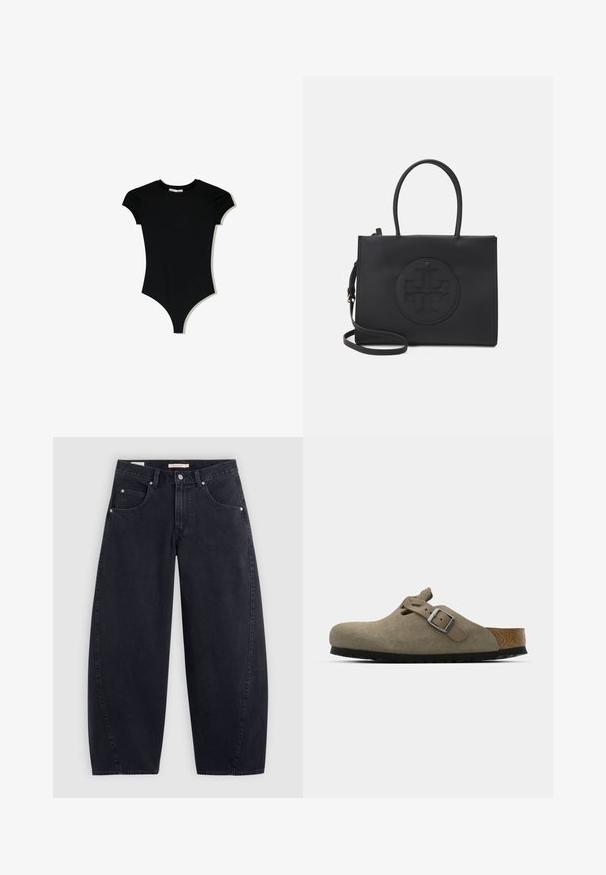 Body negru cu maneci scurte, guler rotund și decupaje înalte pe picioare, fabricat dintr-un material neted și elastic.; Jeans negri din denim, cu croi larg și talie înaltă, două buzunare frontale și accesorii din metal argintiu. Textură netedă, detalii minime de coasere și croială dreaptă.; Saboturi din suede de culoare verde măsliniu deschis, cu o talpă din plută și cauciuc modelată. Au o curea laterală cu o cataramă metalică și un vârf rotund.; Geantă neagră din material neted, cu două mânere, o curea de umăr detașabilă și un detaliu rotund cu logo embosat pe partea frontală.
