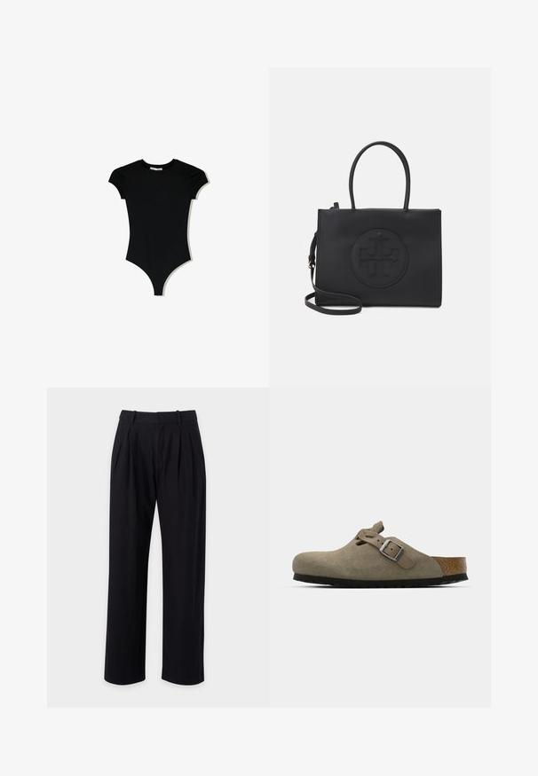 Black short-sleeve bodysuit with a rounded neckline and high-cut leg openings, made from a smooth, stretchy fabric.; Black trousers with a straight-leg design, featuring pleats at the front, a smooth texture, and a classic waistband for a tailored look.; Suede clogs in light olive green with a molded cork and rubber sole. Features a side strap with a metal buckle and a rounded toe.; Black handbag made of smooth material with dual handles, a detachable shoulder strap, and a round embossed logo detail on the front.