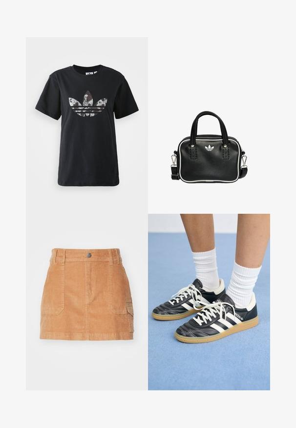 T-shirt en coton noir à manches courtes, avec un grand design argenté et marron du logo Adidas et des trois bandes à l'avant.; Jupe mini en velours côtelé marron clair, dotée d'une taille haute, de poches avant et d'une texture lisse avec des côtes verticales.; Sneakers en cuir noir avec des rayures blanches, bout rond, lacets blancs et semelle en caoutchouc beige. Accentué par un col rembourré et des détails de marque.; Sac à main en cuir noir avec deux poignées courtes, quincaillerie argentée, accents blancs et un logo blanc. Présente une surface texturée et un design compact.