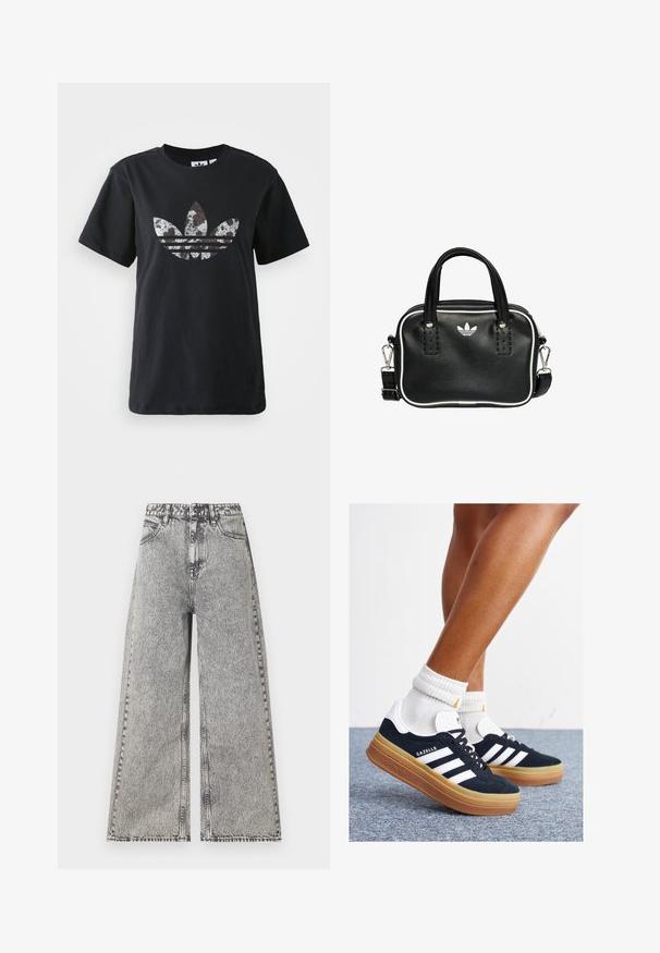 Mustat puuvillapaidat, joissa on lyhyet hihat, etupuolella suuri hopeinen ja ruskea Adidas-logo ja kolme raitaa.; Valkoiset leveälahkeiset farkut haalistuneesta mustasta denimestä, joissa on korkea vyötärö, klassinen viiden taskun muotoilu ja näkyvät ompeluyksityiskohdat.; Musta mokkanahkainen tennari, jossa valkoiset raidat ja yksityiskohdat, pyöreä kärki, purukumipohja, yhdistetty valkoisiin ribbineuleisiin nilkkasukkiin.; Musta nahkainen käsilaukku, jossa on kaksi lyhyttä kahvaa, hopeiset yksityiskohdat, valkoiset tehosteet ja valkoinen logo. Sisältää teksturoidun pinnan ja kompaktin muotoilun.
