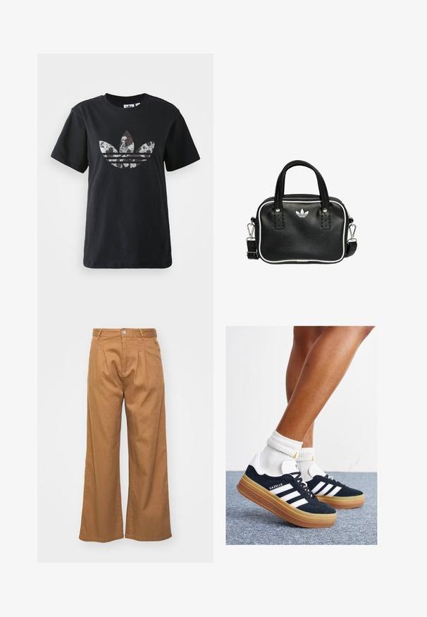 Czarna bawełniana koszulka z krótkimi rękawami z dużą srebrno-brązową grafiką logo Adidas i trzema paskami na przodzie.; Jasnobrązowe spodnie o szerokich nogawkach z teksturowanej tkaniny, z fałdami z przodu i pojedynczym zapięciem na guzik w talii.; Czarne zamszowe trampki z białymi paskami i akcentami, zaokrąglonym noskiem, gumową podeszwą w kolorze jasno-brązowym, zestawione z białymi żebrowanymi skarpetkami do kostki.; Czarna skórzana torebka z dwoma krótkimi uchwytami, srebrnymi akcentami, białymi detalami i białym logo. Posiada teksturowaną powierzchnię oraz kompaktowy design.