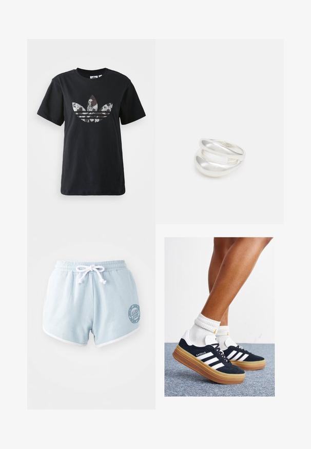 Črna bombažna majica s kratkimi rokavi, ki na sprednji strani vsebuje velik srebrno-rjavi grafični motiv Adidasovega logotipa in treh črt.; Svetlo modri šortki, izdelani iz mehkega blaga, z belim vrvico, imajo bel obrob in krožni logotip na strani.; Črni antilop superge z belimi črtami in poudarki, okrogel prst, gumijasti podplat, kombinirane z belimi rebrastimi nogavicami.; Srebrn dvojni prstan z gladko, polirano površino. Ima tekoč, ukrivljen dizajn z prekrivajočimi se sekcijami za sodoben videz.