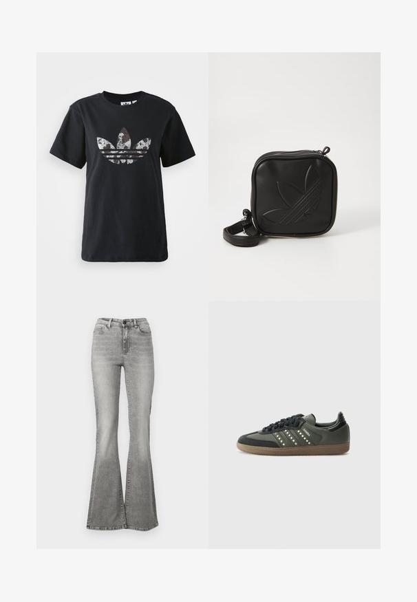 Schwarzes Baumwoll-T-Shirt mit kurzen Ärmeln, das ein großes silbernes und braunes Grafikdesign des Adidas-Logos und der drei Streifen auf der Vorderseite zeigt.; Graue Schlagjeans aus Denim mit hoher Taille, Fronttaschen und einem Ausbleichungseffekt. Der Saum ist leicht weiter und schafft eine ausgestellte Form.; adidas Originals SAMBA OG - Sneaker low - core black/legend earth/gum; Schwarze Umhängetasche aus strukturiertem synthetischem Material. Verfügt über ein eingeprägtes Logodesign und einen verstellbaren Riemen. Mit Reißverschluss geschlossen.