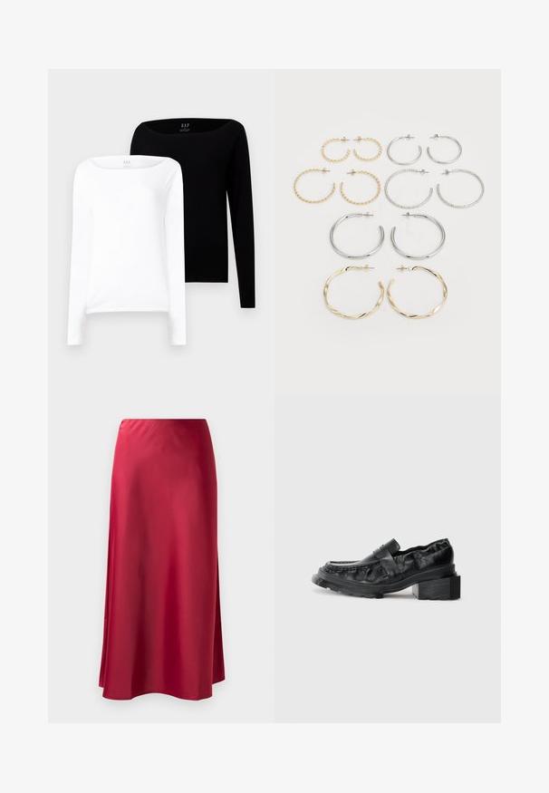 Due magliette a maniche lunghe. Una bianca e una nera, entrambe in cotone leggero con scollo a barca ampio e vestibilità slim.; Gonna lunga in satin rosso con una texture liscia, forma leggermente svasata e spacco laterale per facilitare i movimenti. Nessun hardware o decorazione visibili.; Mocassini in pelle nera con suola strutturata, caratterizzati da un tacco a blocco leggermente sollevato e una tomaia texturizzata, fissati da una cintura frontale.; Set di dodici orecchini a cerchio in tonalità argento e oro. Include design attorcigliati, lisci e testurizzati con varie dimensioni e finiture.