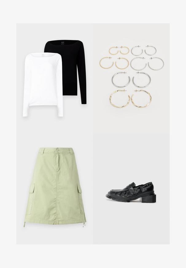 Two long-sleeve tops. One white and one black, both lightweight cotton with a wide boat neckline and slim fit.; Light green cotton knee-length skirt with two side cargo pockets, a button closure, and a relaxed straight fit. Plain texture.; Black leather loafers with a structured sole, featuring a slightly raised block heel and a textured upper, secured by a front strap.; Set of twelve hoop earrings in silver and gold tones. Includes twisted, smooth, and textured designs with various sizes and finishes.