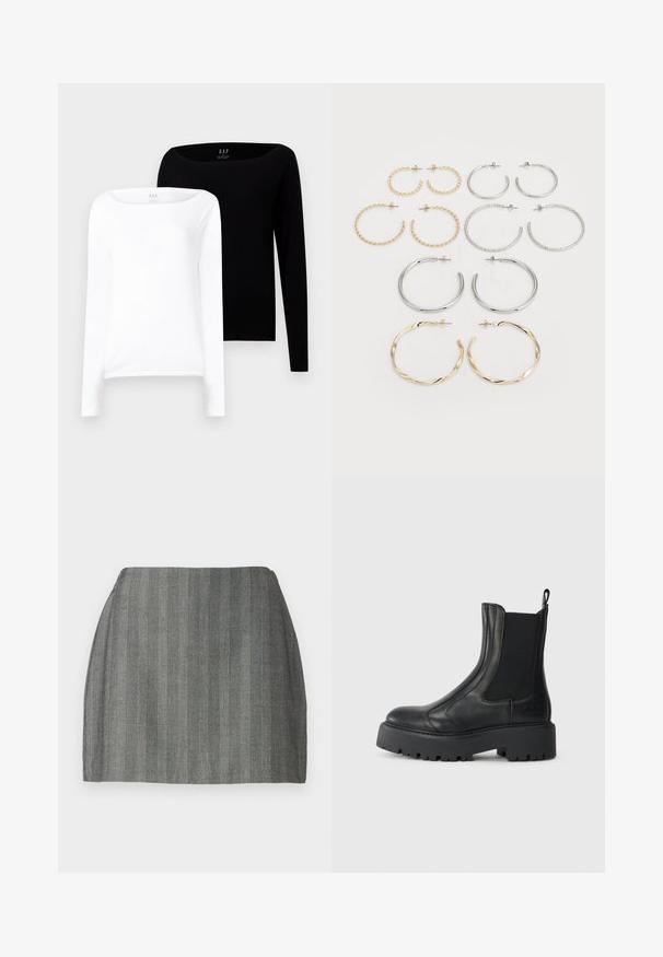 Dos camisetas de manga larga. Una blanca y una negra, ambas de algodón ligero con un amplio escote barco y ajuste ceñido.; Minifalda gris de tejido texturizado, con rayas verticales y cintura ajustada. Corte recto y acabado suave.; Botín negro de cuero con paneles laterales elásticos, punta redonda y suela de goma texturizada gruesa. Cuenta con un tirador en la parte trasera.; Conjunto de doce pendientes de aro en tonos plateados y dorados. Incluye diseños retorcidos, lisos y texturizados en varios tamaños y acabados.