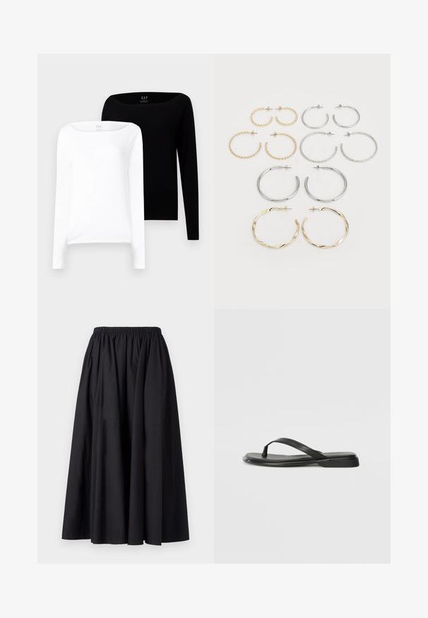Two long-sleeve tops. One white and one black, both lightweight cotton with a wide boat neckline and slim fit.; Black, long, elastic waist skirt made of smooth fabric with a full, flowing silhouette. No patterns or hardware visible.; Black flip-flop made of smooth leather, featuring a thin strap design and a flat sole with a minimal profile. No notable patterns or accents.; Set of twelve hoop earrings in silver and gold tones. Includes twisted, smooth, and textured designs with various sizes and finishes.