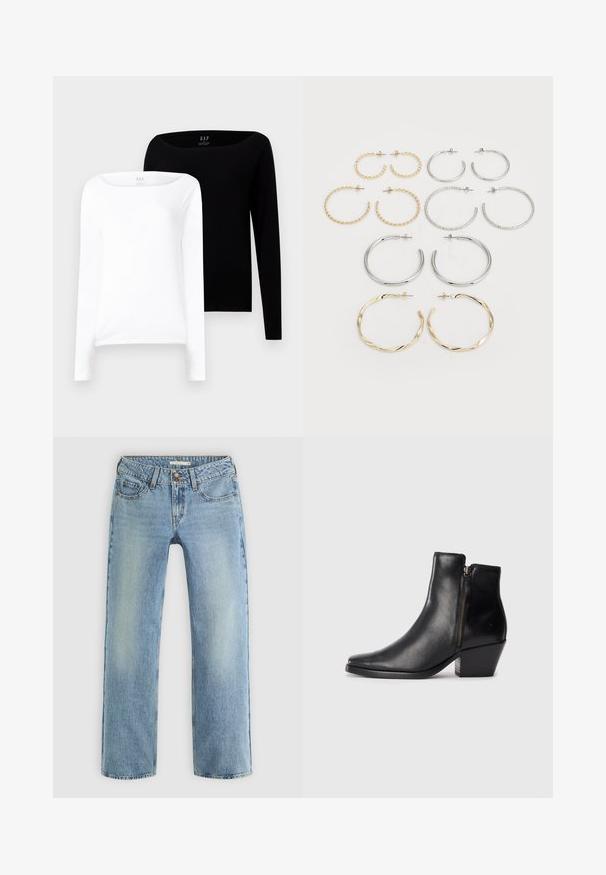 Due magliette a maniche lunghe. Una bianca e una nera, entrambe in cotone leggero con scollo a barca ampio e vestibilità slim.; Jeans dritti di un blu chiaro realizzati in denim, caratterizzati da una chiusura con bottoni, cinque tasche e una leggera scoloritura lungo le gamb.; Stivale alla caviglia in pelle nera con punta affilata, zip laterale e tacco spesso. Texture liscia e design minimalista.; Set di dodici orecchini a cerchio in tonalità argento e oro. Include design attorcigliati, lisci e testurizzati con varie dimensioni e finiture.