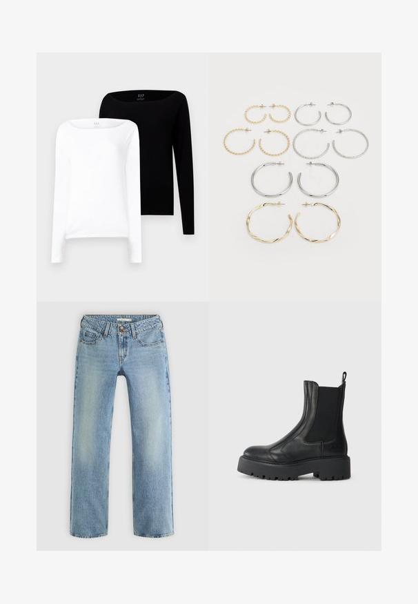 Two long-sleeve tops. One white and one black, both lightweight cotton with a wide boat neckline and slim fit.; Light blue straight-leg jeans made of denim, featuring a button closure, five pockets, and subtle fading along the legs.; Black leather ankle boot with elastic side panels, a rounded toe, and a chunky textured rubber sole. Features a pull tab at the back.; Set of twelve hoop earrings in silver and gold tones. Includes twisted, smooth, and textured designs with various sizes and finishes.