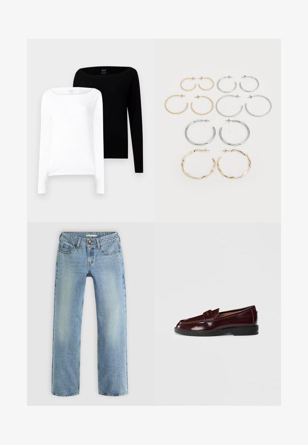 Dwie bluzki z długim rękawem. Jedna biała, a druga czarna, obie wykonane z lekkiej bawełny, z szerokim dekoltem w łódkę i dopasowanym krojem.; Jasnoniebieskie dżinsy o prostym kroju, wykonane z denimu, z zapięciem na guzik, pięcioma kieszeniami i subtelnym wyblaknięciem na nogawkach.; Ciemno-bordowy skórzany loafers z czarną podeszwą, detalem w postaci paska na monety i niskim obcasem, przedstawiony z zewnętrznej strony na białym tle.; Zestaw dwunastu kolczyków w kształcie kółek w odcieniach srebra i złota. Zawiera wzory skręcone, gładkie i fakturowane w różnych rozmiarach i wykończeniach.