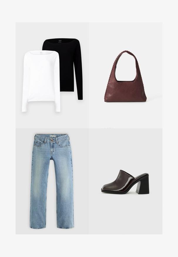 Dvoje dlhých rukávov. Jeden biely a jeden čierny, obidva sú vyrobené z ľahkej bavlny so širokým lodičkovým výstrihom a slim fit strihom.; Svetlo modré džíny so rovnými nohavicami vyrobené z denimu, s gombíkovým zapínaním, piatimi vreckami a jemným vyblednutím pozdĺž nohavíc.; Tmavočervené kožené mule s hranatou špičkou, lesklým povrchom a masívnym, textúrovaným čiernym vysokým opätkom. Jednoduchý dizajn, štýl na obúvanie.; Burgundská kožená kabelka trojuholníkového tvaru, s otvoreným vrchom a vrúbkovaným detailom na rukoväti. Hladký povrch s matným finišom.; Sada dvanástich kruhových náušníc v striebornej a zlatej farbe. Obsahuje skrútené, hladké a textúrované vzory v rôznych veľkostiach a povrchových úpravách.