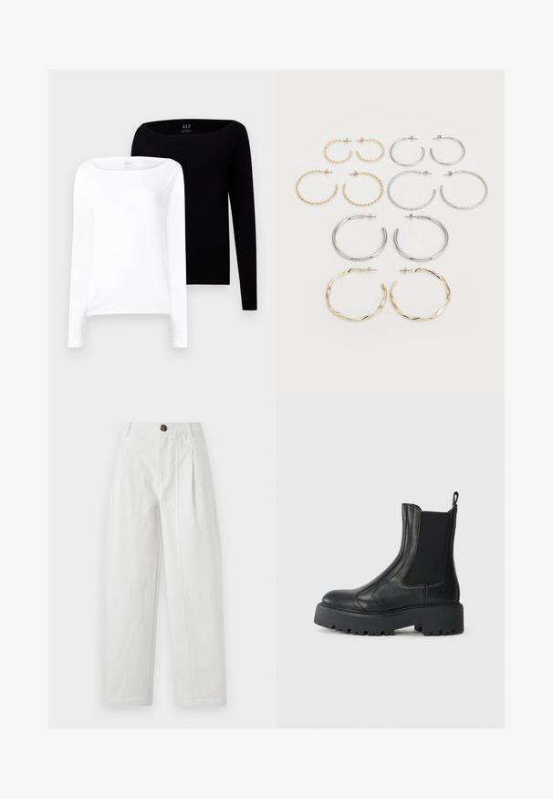 Two long-sleeve tops. One white and one black, both lightweight cotton with a wide boat neckline and slim fit.; White wide-leg trousers made of cotton with a textured finish. Features a brown button, pleats, and side pockets.; Black leather ankle boot with elastic side panels, a rounded toe, and a chunky textured rubber sole. Features a pull tab at the back.; Set of twelve hoop earrings in silver and gold tones. Includes twisted, smooth, and textured designs with various sizes and finishes.