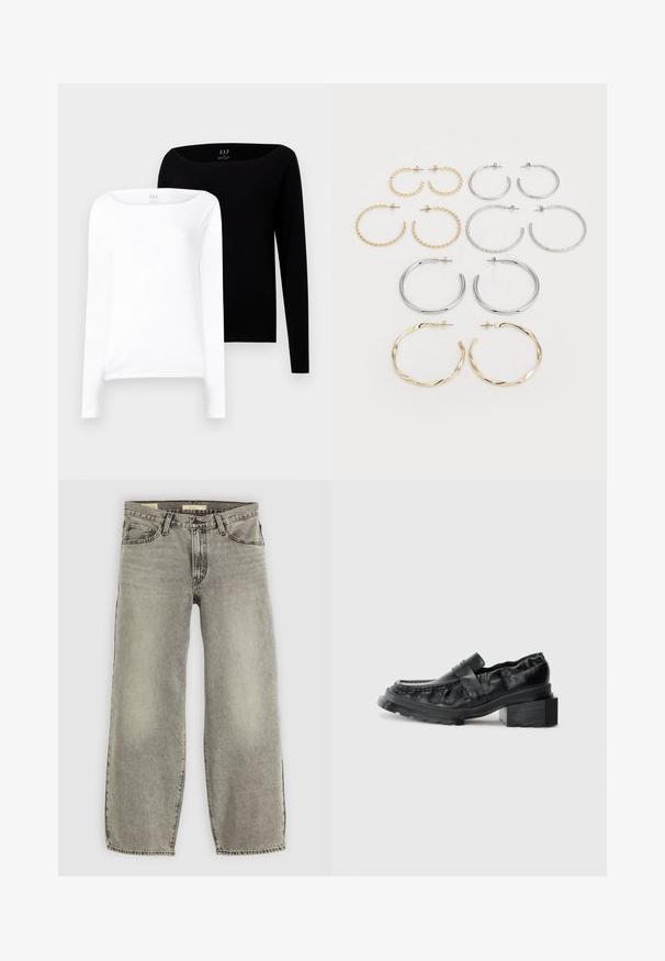 Deux hauts à manches longues. Un blanc et un noir, tous deux en coton léger avec un large décolleté bateau et une coupe slim.; Jean large en denim gris clair. Il présente un style traditionnel à cinq poches et un léger délavage sur l'ensemble du tissu.; Mocassins en cuir noir avec une semelle structurée, présentant un talon bloc légèrement surélevé et un dessus texturé, maintenus par une sangle à l'avant.; Ensemble de douze boucles d'oreilles créoles en tons argent et or. Comprend des designs torsadés, lisses et texturés avec différentes tailles et finitions.