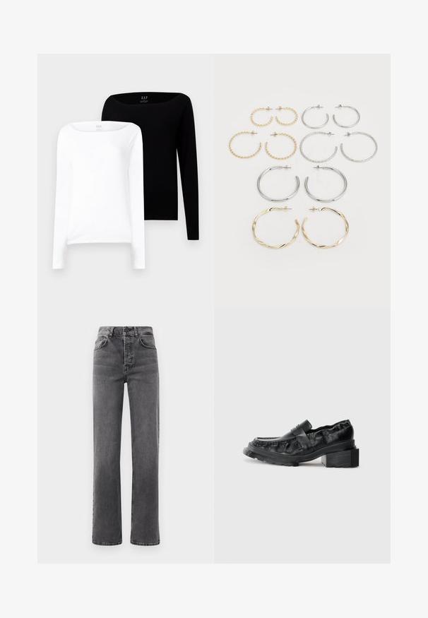 Kaks pikka varrukatopsi. Üks valge ja teine must, mõlemad kerged puuvillased, laia paadikaeluse ja kitsaste lõigetega.; Kõrge vöökohaga sirged teksased tumedas hallis denimis, millel on vöörihmade silmad, viis taskut ja peened valgusained kangal.; Mustad nahast loafers, millel on struktureeritud tald, kergelt tõstetud plokknina konts ja tekstureeritud ülaserv, mis on kinnitatud ees oleva rihmaga.; Kaksitoista rõngaskõrvarõngast hõbe- ja kuldtoonides. Sisaldab keerutatud, siledat ja tekstureeritud disaini erinevates suurustes ja viimistlustes.