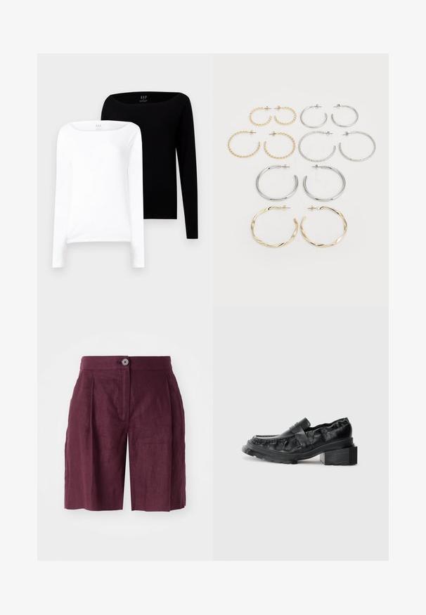 To lange langærmede bluser. En hvid og en sort, begge i let bomuld med bred bådhals og tætsiddende pasform.; Bordeaux linnedelser med en skræddersyet pasform, der har en knaplukning, frontfolder og sidelommer, glat tekstur og design til knælængde.; Sorte læderloafers med en struktureret sål, der har en let forhøjet blokhæl og en tekstureret overdel, sikret med en frontrem.; Sæt med tolv hoop øreringe i sølv- og guldfarver. Inkluderer snoede, glatte og teksturerede designs i forskellige størrelser og overflader.