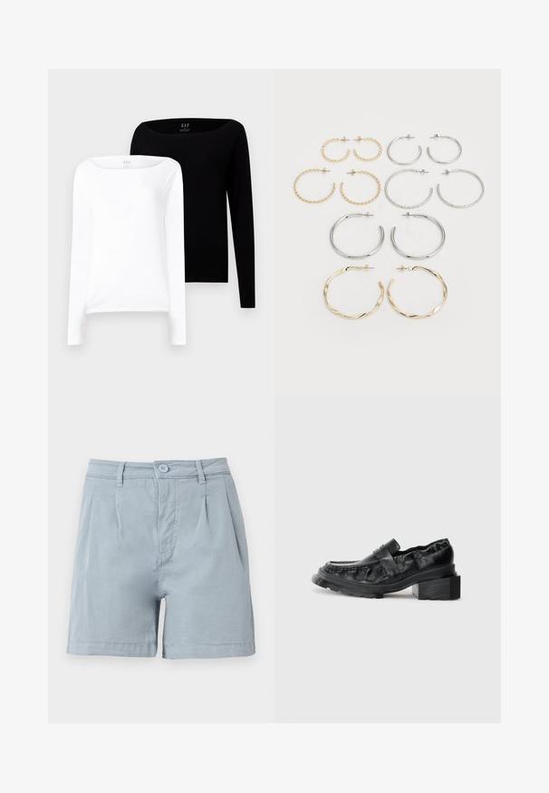 Du du švarkeliai su ilgomis rankovėmis. Vienas baltas, kitas juodas, abu lengvi, pagaminti iš medvilnės, su plačiu laivagalio iškirpimu ir prigludusia forma.; Šviesiai mėlynos medvilninės šortai su tiesia priekiu, raukšlelėmis ir mygtuko uždarymu. Turi šonines kišenes ir apdailą, kuri siekia vidurinę šlaunies dalį.; Juodos odinės loafer bateliai su struktūrizuotu padu, turintys šiek tiek pakeltą bloko kulną ir tekstūruotą viršutinę dalį, užsegamus priekiniais dirželiais.; Dvylikos sidabrinių ir auksinių auskarų su kilpomis rinkinys. Apima sukurtas, lygias ir tekstūruotas formas, turinčias įvairius dydžius ir apdailas.