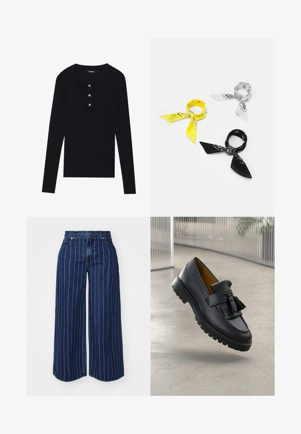 Schwarzes langärmliges Oberteil aus weichem Stoff, mit rundem Halsausschnitt, dreiknopfiger Knopfleiste und taillierten Ärmeln.; Dunkelblaue Denim-Hosen mit weitem Bein und weißen vertikalen Streifen, ausgestattet mit einem Knopf- und Reißverschluss sowie Seitentaschen.; Schwarzer Lederloafer mit Quastenverzierung, glatter Oberfläche und Gummisohle mit Profilrillen. Innenfutter in kontrastierendem Braun.; Drei Bandanas: eine gelbe mit schwarzen Mustern, eine weiße mit schwarzen Designs und eine schwarze mit weißen Grafiken. Alle sind quadratisch und aus leichtem Stoff.