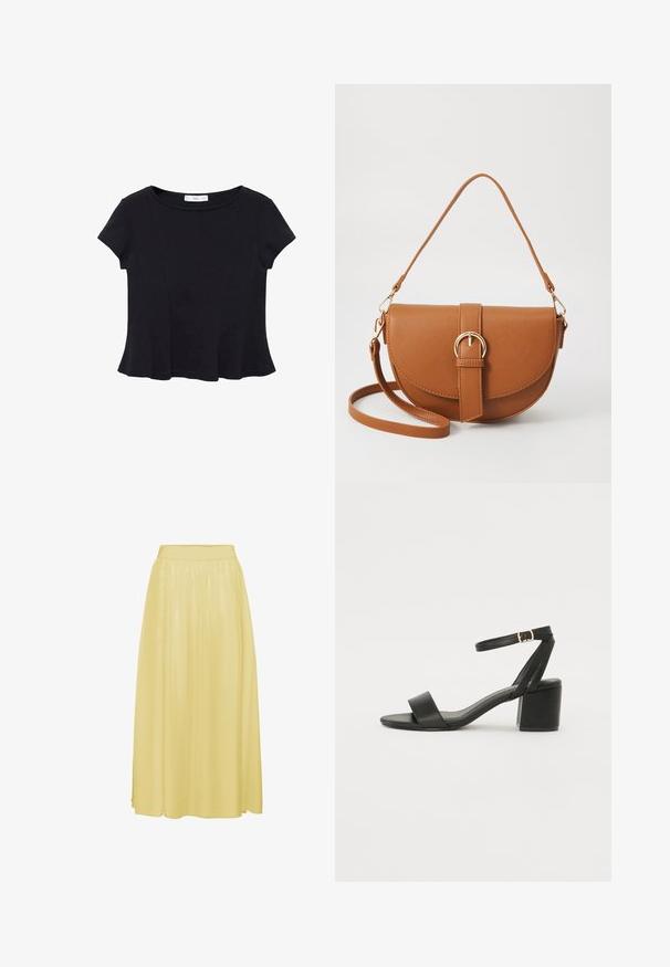 Schwarzes kurzärmeliges Top aus weichem Stoff, mit rundem Ausschnitt und ausgestelltem Saum mit dezenten Nahtdetails.; Gelbe, knöchellange Rock aus glattem, leichtem Stoff. Verfügt über einen elastischen Bund und ein fließendes Design mit dezentem Glanz.; Schwarze High Heels Sandalen mit einem glatten Lederoberteil, offener Zehenpartie, breiten Vorderstraps und verstellbarem Knöchelriemen mit einem goldenen Schnallen-Detail.; Braune Leder-Crossbody-Tasche mit geschwungener Form, goldfarbenen Beschlägen und einer Schnallenakzentuierung. Verfügt über einen abnehmbaren Schultergurt.