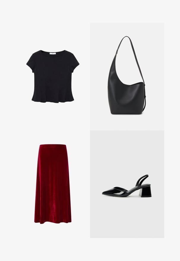 Haut noir à manches courtes en tissu doux, avec un col rond et un ourlet évasé présentant des détails de couture subtils.; Jupe midi en velours rouge avec une texture lisse, un design évasé et une taille. L'ourlet se termine juste en dessous du genou. Pas d'accents visibles.; Escarpins en cuir verni noir avec bout pointu et talon bloc géométrique. Présente un design élégant et minimaliste ainsi qu'une texture lisse.; Sac hobo en cuir noir avec une texture lisse, une forme incurvée et une seule sangle réglable ; dispose d'une large ouverture en haut.