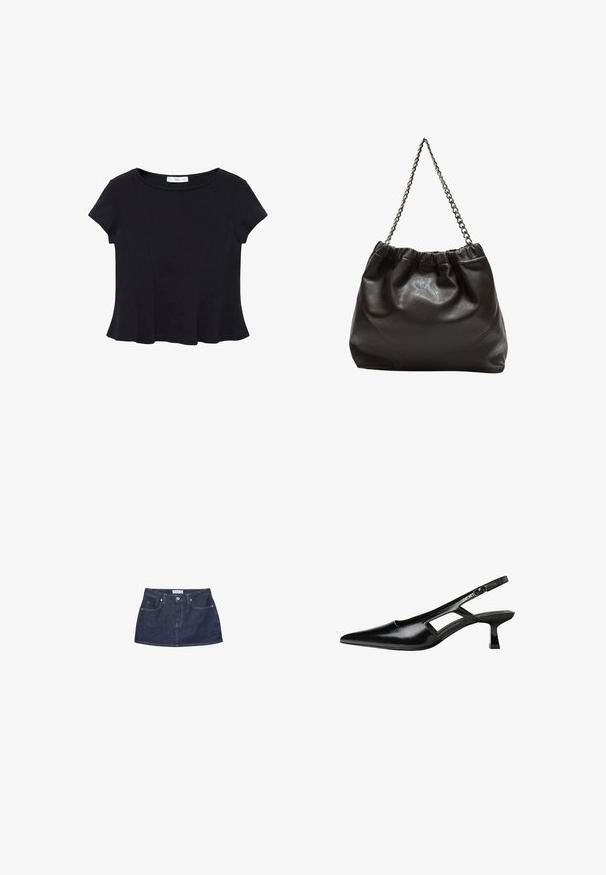 Schwarzes kurzärmeliges Top aus weichem Stoff, mit rundem Ausschnitt und ausgestelltem Saum mit dezenten Nahtdetails.; Dunkelblaute Denim-Minirock mit tailliertem Bund, Fronttaschen und einem Metallknopfverschluss. Glatte Textur und klassischer Schnitt.; Schwarze Lackleder-Slingback-High Heels mit spitzer Zehenform, ausgeschnittenem Seitendesign und kleinem Blockabsatz. Glatte Textur mit minimalen Akzenten.; Braune Lederhandtasche mit gerafftem Oberteil und Kettenriemen. Glatte Textur mit glänzendem Finish und subtilen Nahtdetails an den Seiten.