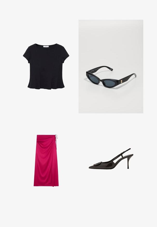 Schwarzes kurzärmeliges Top aus weichem Stoff, mit rundem Ausschnitt und ausgestelltem Saum mit dezenten Nahtdetails.; Fuchsia Wickelrock aus glattem Stoff, mit asymmetrischem Design, Drapierungen und einer Bindeschließe auf der linken Seite.; Schwarzer Lackleder-Slingback-Schuh mit spitzem Zehenbereich, minimalistischem Design, kleinem kreisförmigem Akzent auf dem Schuhoberteil und schlankem Absatz.; Schwarze Sonnenbrille mit einem eleganten, kantigen Design. Sie verfügt über dunkle Gläser, eine glänzende Oberfläche und eine goldene Akzentuierung an den Schläfen.; Braune Wildleder-Tasche mit zwei langen Trägern, Zugverschluss und minimalistischem Design. Glatte Textur und keine sichtbaren Hardware-Details.