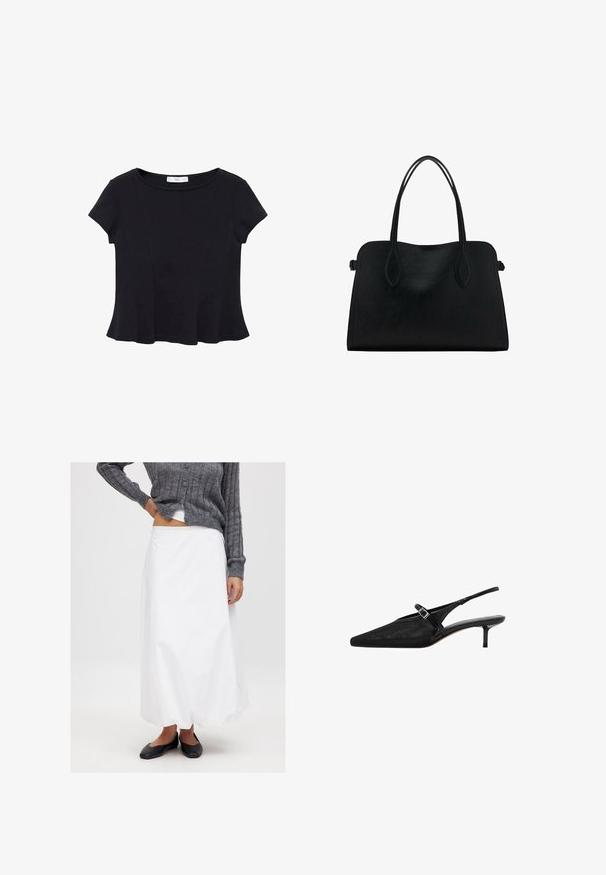 Haut noir à manches courtes en tissu doux, avec un col rond et un ourlet évasé présentant des détails de couture subtils.; Jupe blanche, longueur cheville, en tissu lisse, associée à un cardigan gris à côtes et des chaussures plates noires. Design minimaliste, sans motifs visibles.; Talons aiguilles noires à bride arrière, avec un bout pointu, une tige en mesh texturé, une fine sangle ajustable avec une boucle en argent et un talon aiguille de 5 cm.; Sac à main en cuir noir avec deux anses, de forme rectangulaire et au design minimaliste sur un fond blanc.