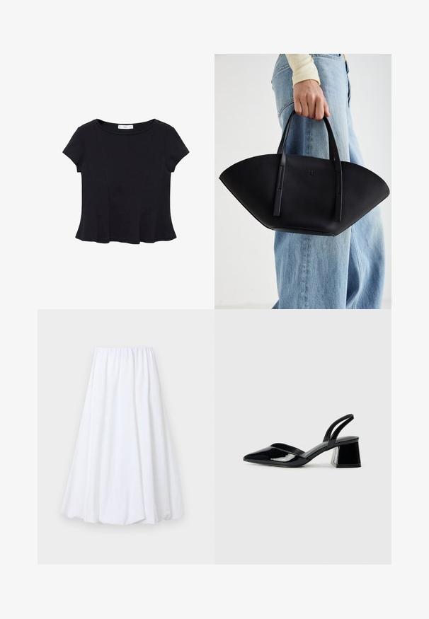 Haut noir à manches courtes en tissu doux, avec un col rond et un ourlet évasé présentant des détails de couture subtils.; Jupe longue blanche jusqu'à la cheville, dotée d'une taille élastique, fabriquée en tissu léger avec une texture douce et une silhouette fluide.; Escarpins en cuir verni noir avec bout pointu et talon bloc géométrique. Présente un design élégant et minimaliste ainsi qu'une texture lisse.; Sac à main en cuir noir avec une forme de éventail unique, doté de poignées plates. La surface présente une texture granuleuse et un design minimaliste.