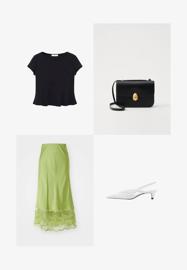 Haut noir à manches courtes en tissu doux, avec un col rond et un ourlet évasé présentant des détails de couture subtils.; Jupe longue vert citron en tissu lisse. Elle présente une bordure en dentelle au bas, avec des motifs floraux brodés dans la même teinte.; Escarpin blanc à brides arrière avec un bout pointu, présentant un dessus lisse, des découpes discrètes et un petit talon bloc. La semelle noire met en valeur le design.; Sac à main en cuir noir avec une forme rectangulaire structurée. Équipé d'un fermoir ovale doré et d'une fine bandoulière. Texture lisse.