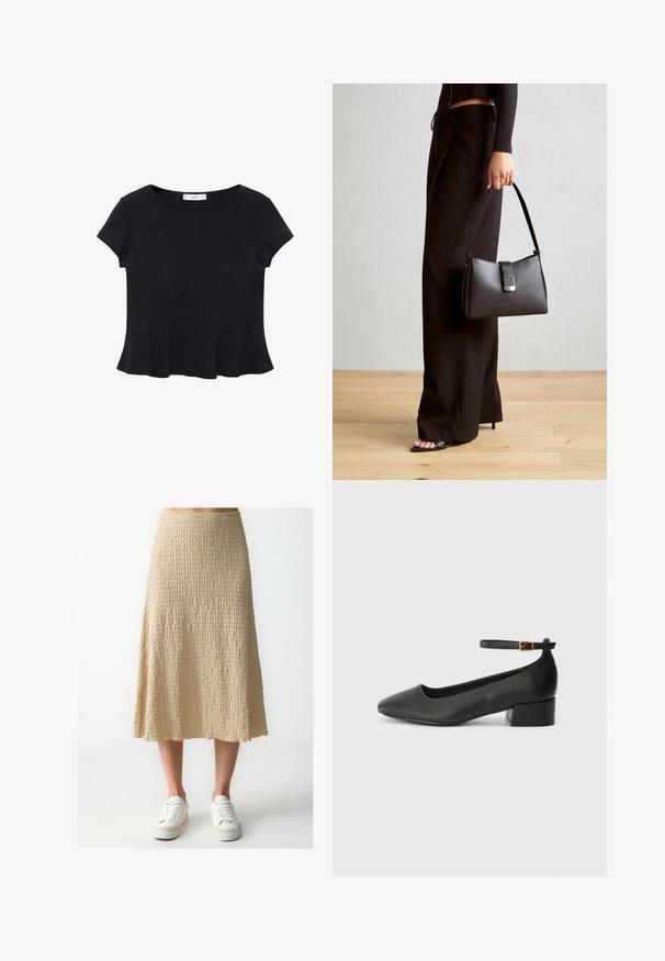 Schwarzes kurzärmeliges Top aus weichem Stoff, mit rundem Ausschnitt und ausgestelltem Saum mit dezenten Nahtdetails.; Beige, knielanger Rock aus strukturiertem Stoff mit gewelltem Saum. Kombiniert mit weißen Sneakers.; Schwarze Lederpumps mit spitzem Zehenbereich und niedrigem Blockabsatz. Mit einem Knöchelriemen und einer goldfarbenen Schnalle. Glatte Textur.; Schwarze Handtasche mit strukturierter Form, glatter Textur und einem metallischen Verschluss. Kombiniert mit weiten schwarzen Hosen und offenen Sandalen auf einem Holzboden.