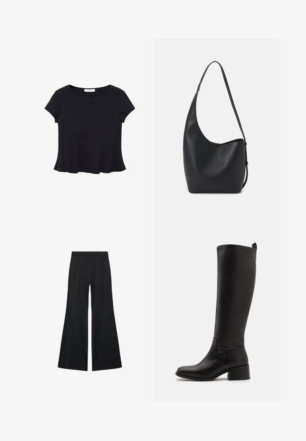 Black short-sleeve top made of soft fabric, featuring a rounded neckline and a flared hem with subtle seam detailing.; Black wide-leg pants with a smooth texture, featuring front pleats and a tailored design. The fabric is lightweight and flowy.; Black knee-high boot made of smooth leather with a block heel, rounded toe, and a sleek, unembellished design.; Black leather hobo bag with a smooth texture, curved shape, and single adjustable strap; features a wide opening at the top.