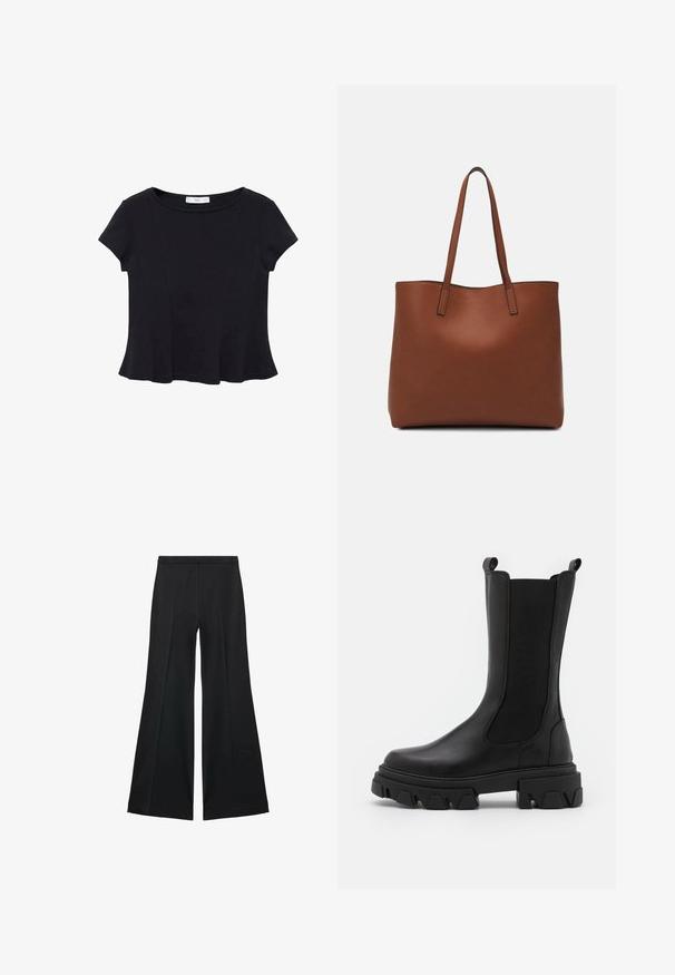 Crni kratki rukav majica od mekog materijala, s okruglim izrezom i raširenim rubom s suptilnim detaljima šavova.; Crne široke hlače s glatkom teksturom, koje imaju prednje nabore i kroj po mjeri. Tkanina je lagana i lepršava.; Pavement INA - Čizme s platformom - black; Smeđa kožna torba preko ramena s glatkom teksturom, otvorenim vrhom i dvjema naramenicama. Ima minimalne šavove i nema vidljivog hardvera.