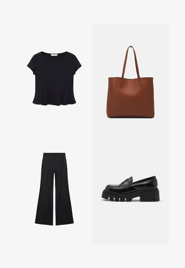 Černý tričko s krátkým rukávem vyrobené z měkké tkaniny, s kulatým výstřihem a rozšířeným lemem s jemným švem.; Černé kalhoty s širokými nohavicemi a hladkou texturou, s předními sklady a přizpůsobeným střihem. Materiál je lehký a splývavý.; Černé kožené mokasíny s robustní texturovanou platformou a dekorativním páskem přes nárt. Hladký, lesklý povrch.; Hnědá kožená taška přes rameno s hladkou texturou, otevřeným designem a dvěma ramenními popruhy. Obsahuje minimální švy a žádné viditelné kovové prvky.