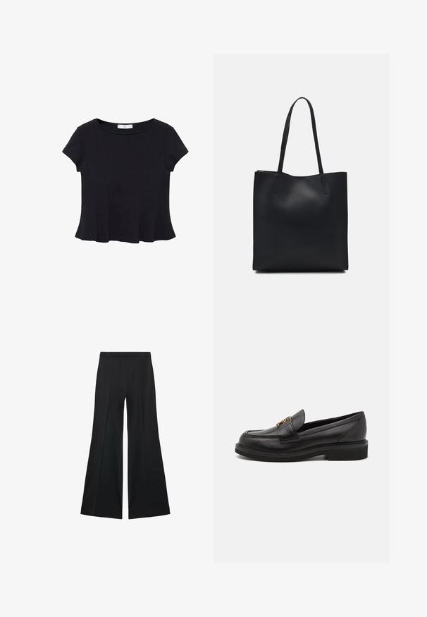 Crni kratki rukav majica od mekog materijala, s okruglim izrezom i raširenim rubom s suptilnim detaljima šavova.; Crne široke hlače s glatkom teksturom, koje imaju prednje nabore i kroj po mjeri. Tkanina je lagana i lepršava.; Crni kožni mokasini s okruglim vrhom, šivanim detaljima, zlatnim hardverom i nizkim teksturiranim gumenim potplatom. Glatka, elegantna završna obrada.; Crna kožna torba za nošenje s glatkom teksturom, pravokutnim oblikom i dvije duge ručke. Nema vidljivih metalnih dijelova ili ukrasa.