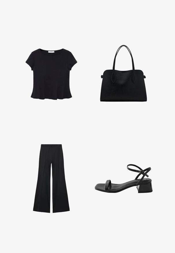 Haut noir à manches courtes en tissu doux, avec un col rond et un ourlet évasé présentant des détails de couture subtils.; Pantalons larges noirs avec une texture lisse, présentant des plis sur le devant et un design ajusté. Le tissu est léger et fluide.; Next FOREVER COMFORT - REGULAR FIT - Sandales - black; Sac à main en cuir noir avec deux anses, de forme rectangulaire et au design minimaliste sur un fond blanc.
