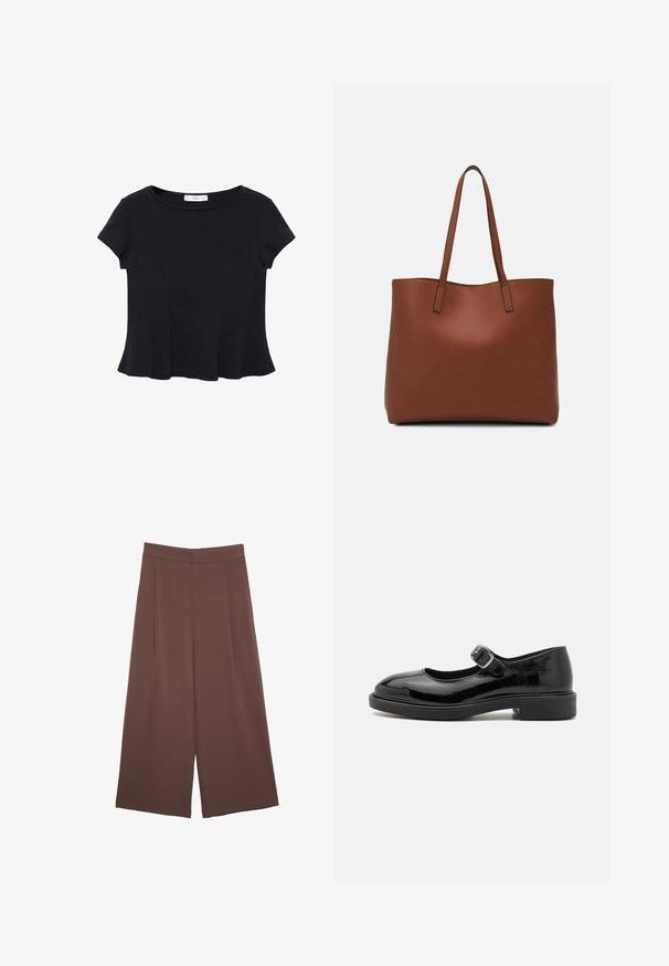 Černý tričko s krátkým rukávem vyrobené z měkké tkaniny, s kulatým výstřihem a rozšířeným lemem s jemným švem.; Hnědé široké kalhoty s hladkou texturou, vysokým pasem a předními záhyby. Materiál je lehký a volně splývá.; Černá lakovaná kožená bota typu Mary Jane s kulatou špičkou, nastavitelným přezkovým páskem, nízkým blokovým podpatkem a hladkým lesklým povrchem.; Hnědá kožená taška přes rameno s hladkou texturou, otevřeným designem a dvěma ramenními popruhy. Obsahuje minimální švy a žádné viditelné kovové prvky.