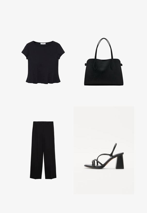 Crni kratki rukav majica od mekog materijala, s okruglim izrezom i raširenim rubom s suptilnim detaljima šavova.; Crne hlače širokog kroja od glatkog materijala, s plisama sprijeda i bočnim džepovima, dizajnirane s ravnim, opuštenim krojem.; Crne sandale na visokim potpeticama s kvadratnim, masivnim potpeticom, s višestrukim tanjim trakama preko stopala i otvorenim dizajnom stražnjeg dijela. Glatka kožna tekstura.; Crna kožna torba s dvostrukim naramenicama, pravokutnog oblika i minimalističkim dizajnom na bijeloj pozadini.