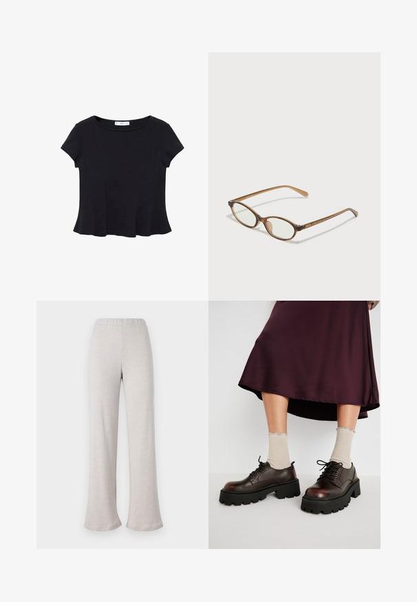 Schwarzes kurzärmeliges Top aus weichem Stoff, mit rundem Ausschnitt und ausgestelltem Saum mit dezenten Nahtdetails.; Helle beige, weit geschnittene Hose aus strukturiertem Stoff, mit elastischem Bund und weitem Bein, geeignet für Freizeitkleidung.; Braune Leder-Plateauschuhe mit klobigen schwarzen Sohlen, kombiniert mit gerippten beigen Socken mit gewellten Kanten, vor einem gedämpften Hintergrund.; Braune Schildpatt-Brille mit ovalen Gläsern, dünnen Bügeln und transparenten Akzenten. Verfügt über ein dezentes Logo am Bügel. Elegantes, leichtes Design.; Schwarze Lederhandtasche mit geschwungener Form, abnehmbarem Tragegurt und goldenen Beschlägen. Die Tasche verfügt über einen Deckel mit einer Schnallen-Details.