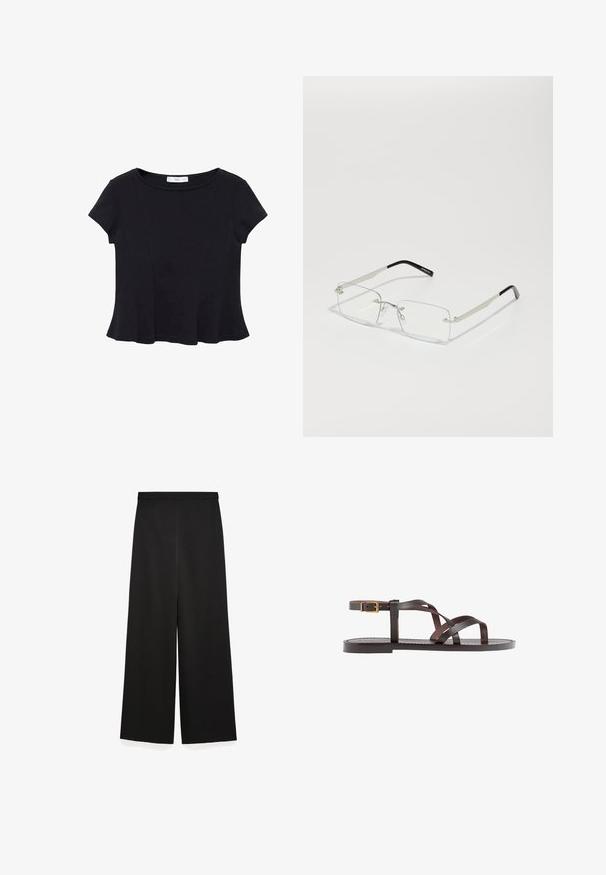 Top nero a maniche corte realizzato in un tessuto morbido, con scollatura rotonda e orlo svasato con dettagli di cucitura discreti.; Pantaloni neri a gamba larga realizzati in morbido tessuto con vita elastica. Presentano un design pulito e una texture liscia, senza accentuazioni o motivi visibili.; Sandal in pelle marrone con cinturini incrociati, chiusura con cinturino alla caviglia e suola piatta con dettagli di cucitura minimi.; Occhiali rettangolari con lenti trasparenti, montatura in metallo sottile di colore argento e punte in acetato nero. Presentano un design elegante caratterizzato da un hardware minimale.