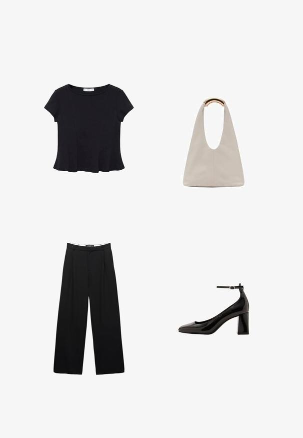 Top nero a maniche corte realizzato in un tessuto morbido, con scollatura rotonda e orlo svasato con dettagli di cucitura discreti.; Pantaloni neri a gamba larga realizzati in tessuto liscio. Presentano pieghe frontali, una vita con passanti per la cintura e una silhouette sartoriale.; Décolleté neri in vernice con cinturino alla caviglia, finitura lucida, punta affusolata e tacco a blocco spesso. Texture liscia, dettagli minimi.; Borsa in pelle grigio chiaro con design a forma di U e manico metallico curvo. Texture liscia con cuciture minime e senza motivi visibili.