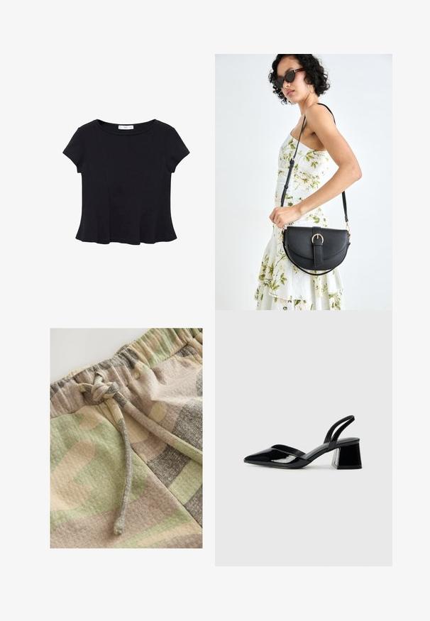 Črna majica s kratkimi rokavi iz mehkega materiala, z zaobljenim izrezom in razširjenim robom s subtilnim šivnim detajlom.; Šortsi s kamuflažnim vzorcem v kombinaciji zelenih, bež in sivih odtenkov. Imajo elastičen pas in vezalko za prilagodljivo prileganje.; Črne lakirane slingback pete s koničastim nosom in geometrijsko blokasto peto. Imajo eleganten, minimalističen dizajn in gladko teksturo.; Črna usnjena torbica s ukrivljeno obliko, z odstranljivo naramnico in zlatimi dodatki. Torbica ima pokrov s podrobnostmi v obliki zaponke.