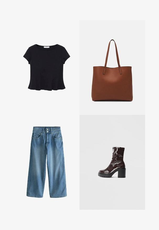 Top nero a maniche corte realizzato in un tessuto morbido, con scollatura rotonda e orlo svasato con dettagli di cucitura discreti.; Jeans in denim azzurro chiaro a gamba larga con design a vita alta. Presentano due tasche frontali, due tasche posteriori e chiusura con doppi bottoni.; Stivale alla caviglia bordeaux lucido con un tacco spesso nero, caratterizzato da una superficie liscia e un design semplice. Nessuna chiusura visibile o motivo.; Borsa tote in pelle marrone con texture liscia, design con apertura superiore e due spallacci. Presenta cuciture minime e nessun hardware visibile.