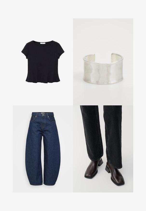 Črna majica s kratkimi rokavi iz mehkega materiala, z zaobljenim izrezom in razširjenim robom s subtilnim šivnim detajlom.; Temne modri kavbojki z višjim pasom, širokimi hlačnicami, sprednjim gumbom in zadrgo ter klasičnim petim žepom.; Rjavi usnjeni gležnjarji s kvadratnim nosom in blok peto, v kombinaciji s črnimi širokimi hlačami. Gladka textura in minimalističen dizajn.; Zign Zapestnica - silver-coloured