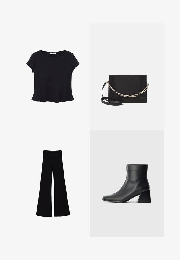 Top nero a maniche corte realizzato in un tessuto morbido, con scollatura rotonda e orlo svasato con dettagli di cucitura discreti.; Pantaloni neri a gamba larga con vita arricciata, realizzati in tessuto morbido ed elastico. Presentano un design fluido e gambe a lunghezza intera.; Stivaletto in pelle nera con punta quadrata, cerniera laterale e tacco squadrato su sfondo chiaro uniforme.; Borsa a tracolla nera in pelle con una texture liscia, forma rettangolare e dettaglio in catena metallica sul davanti. Inclusa una tracolla regolabile.