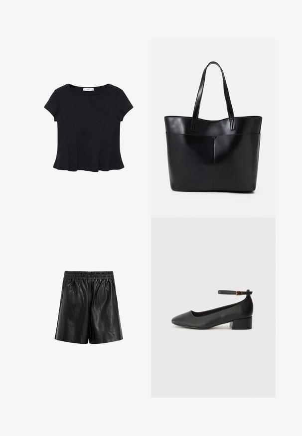 Čierny krátky rukáv top vyrobený z mäkkej tkaniny, s okrúhlym výstrihom a rozšíreným lemom s jemným švom.; Čierne kožené šortky s elastickým pásom, s hladkou textúrou, širokými nohavicami a bez viditeľných vreciek alebo ozdôb.; Čierne kožené lodičky s špicatou špičkou a nízkym blokovým podpätkom. Obsahuje remienok okolo členka so zlatým prackou. Hladký povrch.; Čierna kožená tote taška s dvoma dlhými rúčkami, hladkým povrchom a štruktúrovaným tvarom. Obsahuje prednú kapsu pre dodatočné uskladnenie.