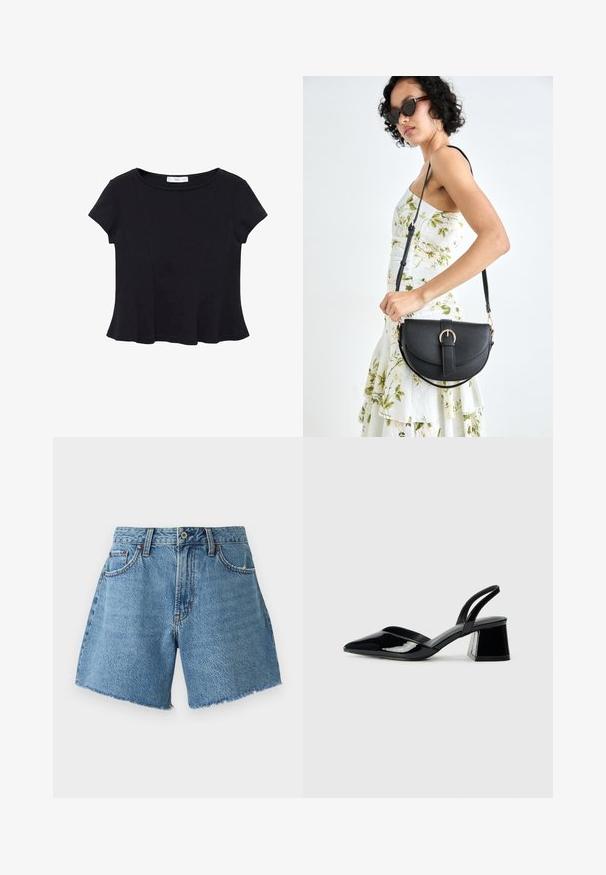 Černý tričko s krátkým rukávem vyrobené z měkké tkaniny, s kulatým výstřihem a rozšířeným lemem s jemným švem.; Abercrombie & Fitch CURVE LOVE SHORT - Džínové kraťasy - light blue denim; Černé lakované kožené lodičky na pásku s špičatou špičkou a geometrickým blokovým podpatkem. Vyznačují se elegantním, minimalistickým designem a hladkým povrchem.; Černá kožená kabelka s křivkovým tvarem, odnímatelným popruhem a zlatými detaily. Kabelka má klopu s přezkou.