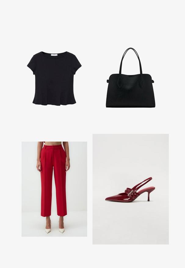 Schwarzes kurzärmeliges Top aus weichem Stoff, mit rundem Ausschnitt und ausgestelltem Saum mit dezenten Nahtdetails.; Rote maßgeschneiderte Hosen mit hoher Taille, gefältelter Vorderseite, geraden Beinen und einer glatten Stoffstruktur. Getragen mit weißen spitzen Absätzen.; Rote Lackleder Slingback-Absätze mit spitzem Zeh, zwei Schnallenriemen und einem schlanken, mittelhohen Stiletto-Absatz. Glatte Textur.; Schwarze Lederhandtasche mit zwei Schulterriemen, rechteckiger Form und minimalistischem Design auf weißem Hintergrund.