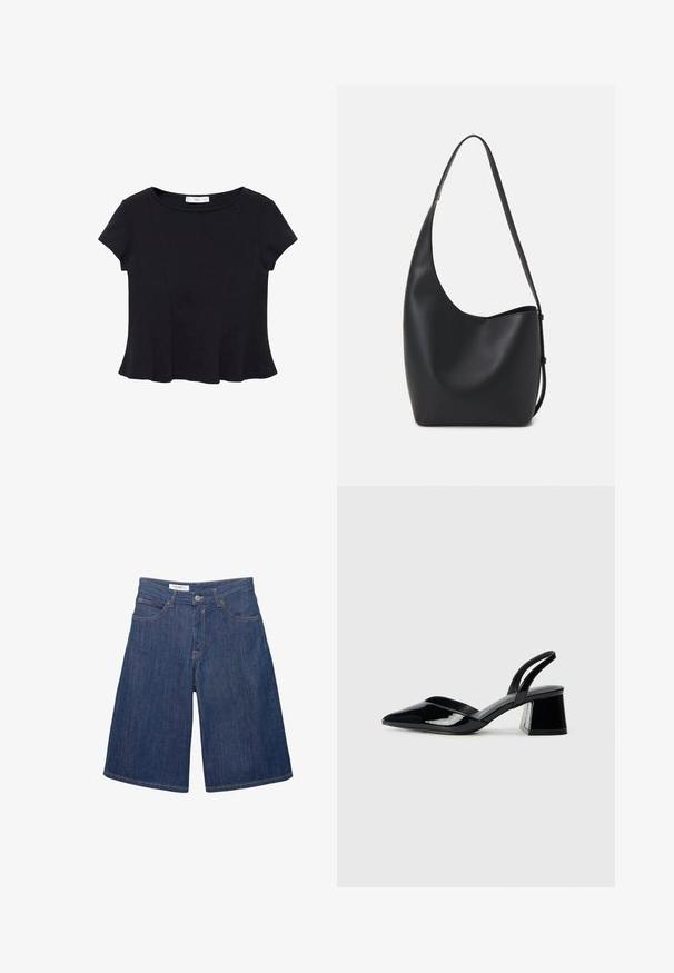 Top nero a maniche corte realizzato in un tessuto morbido, con scollatura rotonda e orlo svasato con dettagli di cucitura discreti.; Shorts di jeans con vestibilità ampia, colore blu scuro, tasche frontali e orli cuciti, caratterizzati da un singolo bottone in metallo in vita.; Décolleté in vernice nera con punta affusolata e tacco in geometria cubica. Presentano un design elegante e minimalista, con una texture liscia.; Borsa hobo nera in pelle con una superficie liscia, forma curvata e una singola tracolla regolabile; presenta un'ampia apertura nella parte superiore.