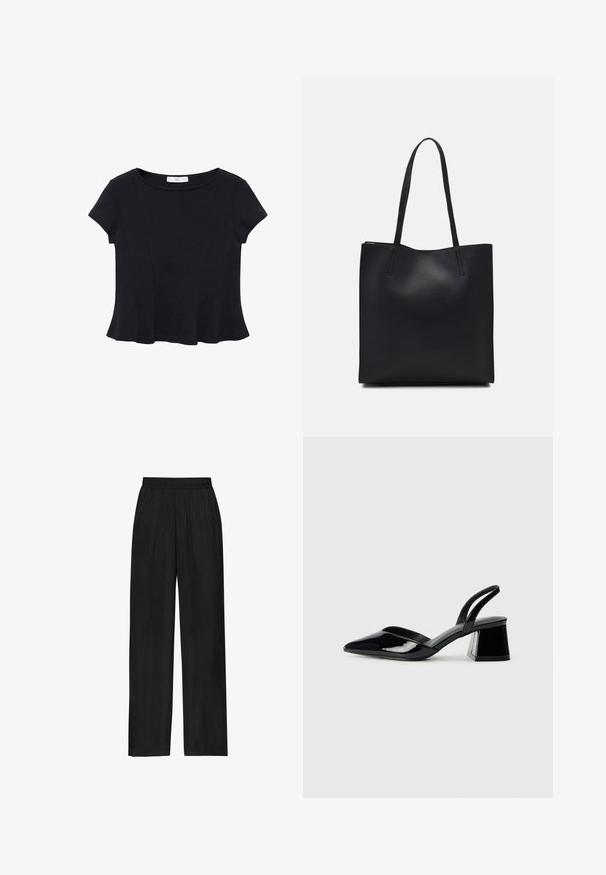 Crni kratki rukav majica od mekog materijala, s okruglim izrezom i raširenim rubom s suptilnim detaljima šavova.; Crne široke hlače od laganog materijala s elastičnom gumom u struku i naborima. Bez džepova ili drugih ukrasa.; Crne lakirane kožne sandale s otvorenom petom i špicastim vrhom, s geometrijskom blok petom. Imaju elegantan, minimalistički dizajn i glatku teksturu.; Crna kožna torba za nošenje s glatkom teksturom, pravokutnim oblikom i dvije duge ručke. Nema vidljivih metalnih dijelova ili ukrasa.