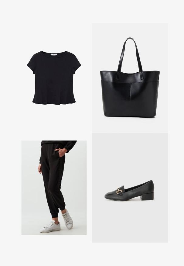 Zwarte korte mouwen top van zacht materiaal, met een ronde halslijn en een uitlopende onderkant met subtiele naaddetail. ; Zwarte joggingbroek van zacht materiaal met elastische boorden en zijzakken, gecombineerd met witte sneakers. Soepele textuur, eenvoudig ontwerp.; Zwarte lederen instappers met een platte hak, met een decoratieve gouden hardware detail aan de voorkant en een gladde textuur.; Zwarte leren tote bag met twee lange handvatten, een zachte textuur en een gestructureerde vorm. Voorzien van een voorvak voor extra opslagruimte.